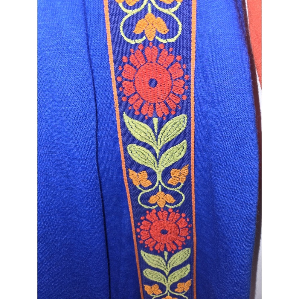 True Vintage Lanz Partridge Trim Ribbon Folk Print Dress. Red Blue. Mock Neck. - Picture 5 of 13